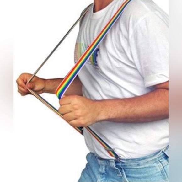 Clip-on Suspenders Elastic Seven Color Rainbow Stripe Pattern Y-back - Picture 3 of 7